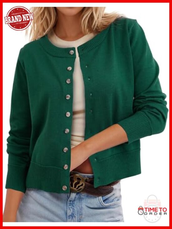 Sweaters - Leopard Print Button Up Cropped Cardigan Sweater Long Sleeve Crew Neck Ultra